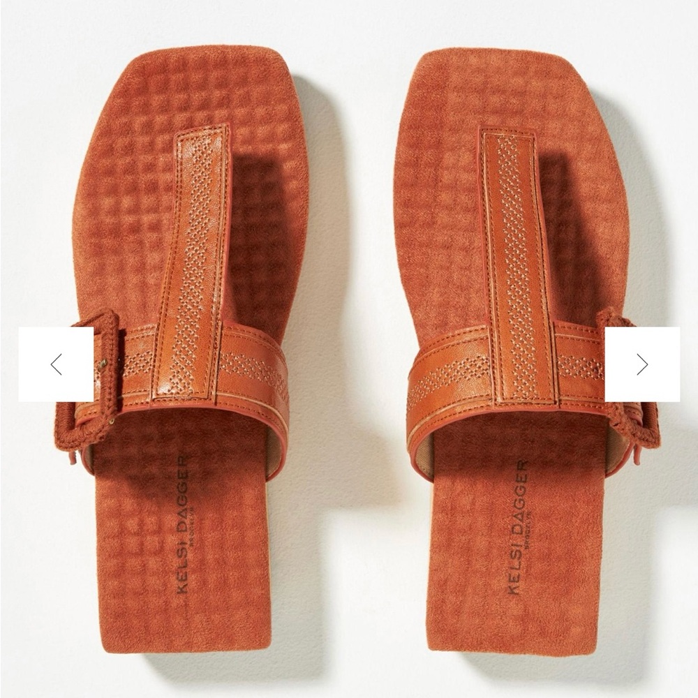 Anthropologie Kelsi Dagger Sandals sz. 8 Brooklyn Swag Thong Suede Brown Orange - Picture 2 of 9